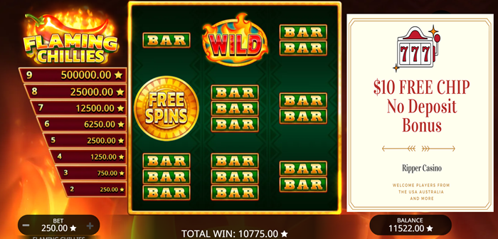 Ripper Casino: Flaming Chillies Slot Review – Ignite Your Wins with Spicy Spins! ($10 No Deposit Bonus)