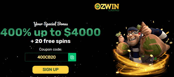 Ozwin Casino 400% + 20 Spins on Cash Bandits 3