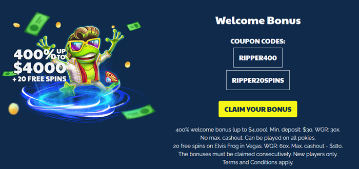 Ripper Casino AU 400% + 20 free spins on Elvis Frog in Vegas Pokie Review