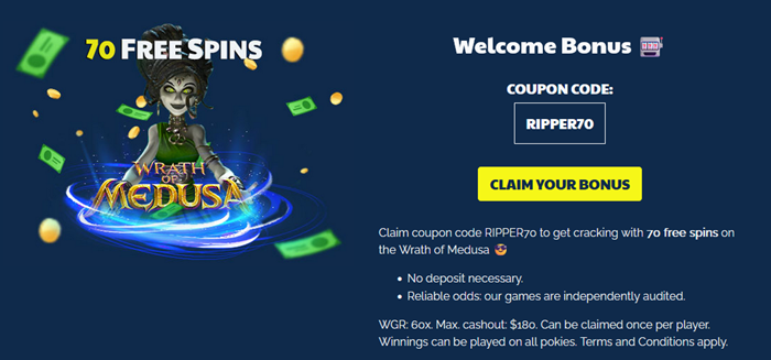 Ripper Casino AU 70 Free Spins on Wrath of Medusa Pokie