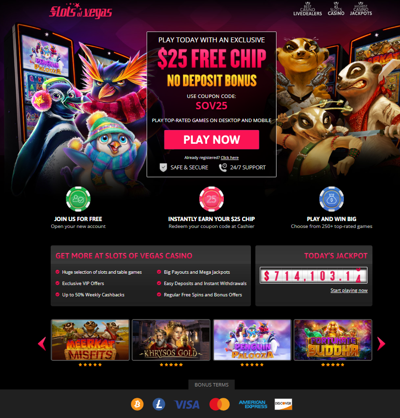 Slots of Vegas Online Casino Real Money Games $25 No Deposit Bonus Match and more